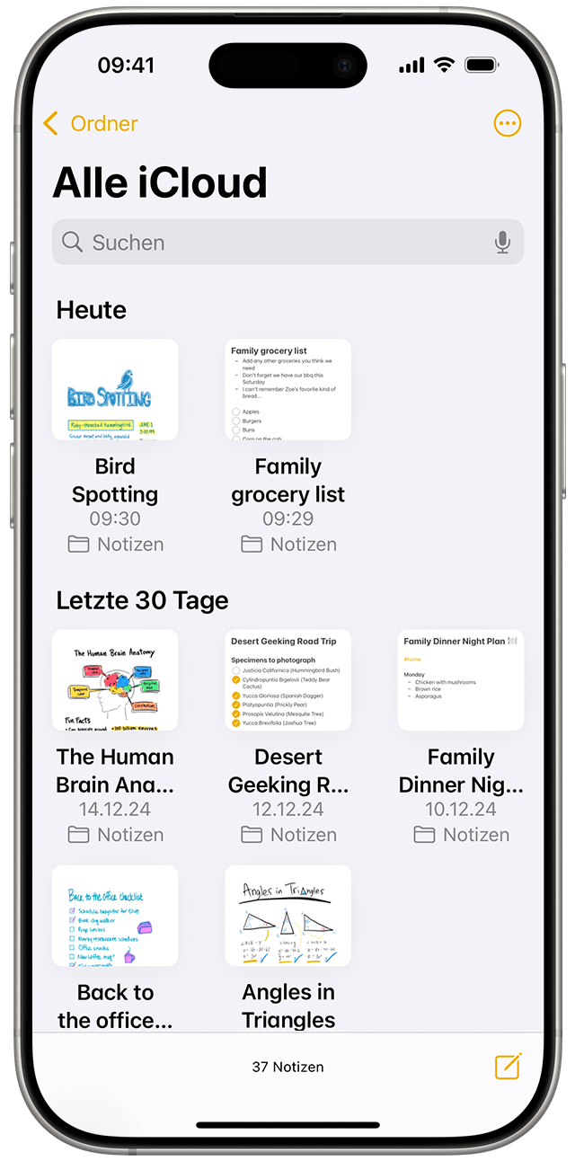 Die Galerieansicht in der Notizen-App in iOS 18.