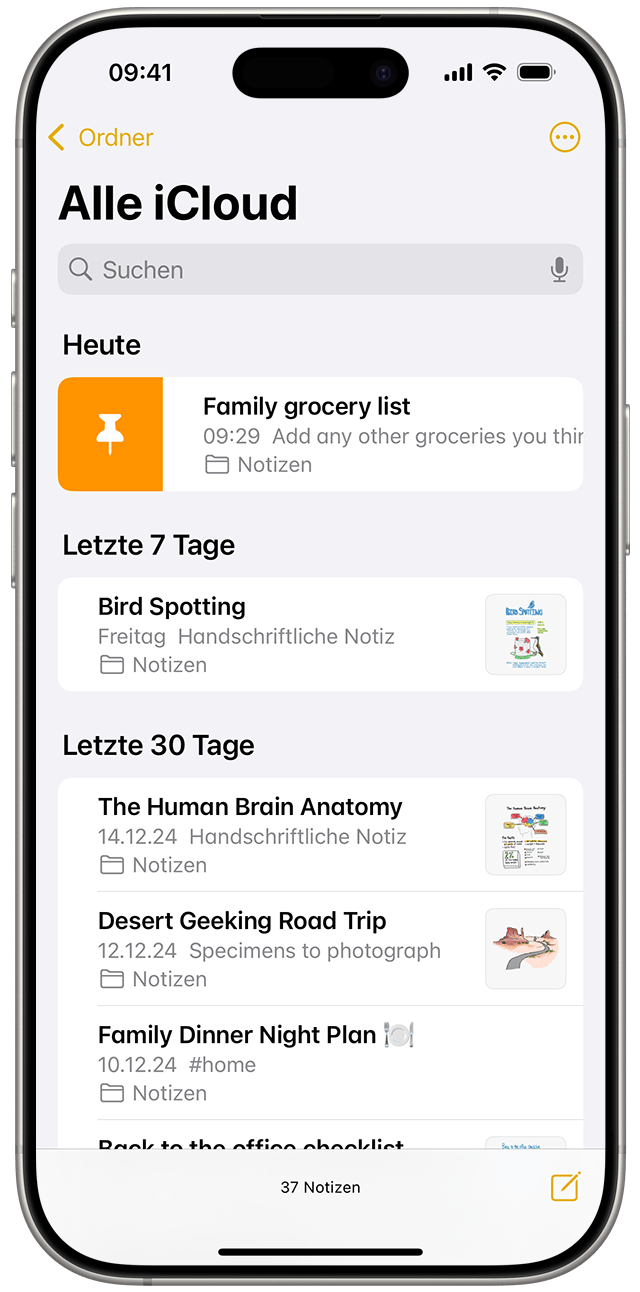 Um in iOS eine Notiz anzuheften, streiche nach rechts darüber, und lasse dann los.