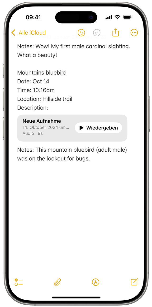 Wenn du in der Notizen-App in iOS 18 Audio aufnimmst, wird die Aufnahme als Anhang in deiner geöffneten Notiz angezeigt.