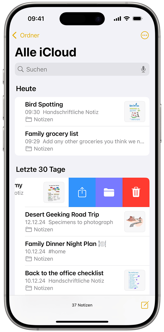 Streiche in der Notizenliste nach links über eine Notiz, und tippe dann auf die Papierkorb-Taste, um eine Notiz in iOS 18 zu löschen.