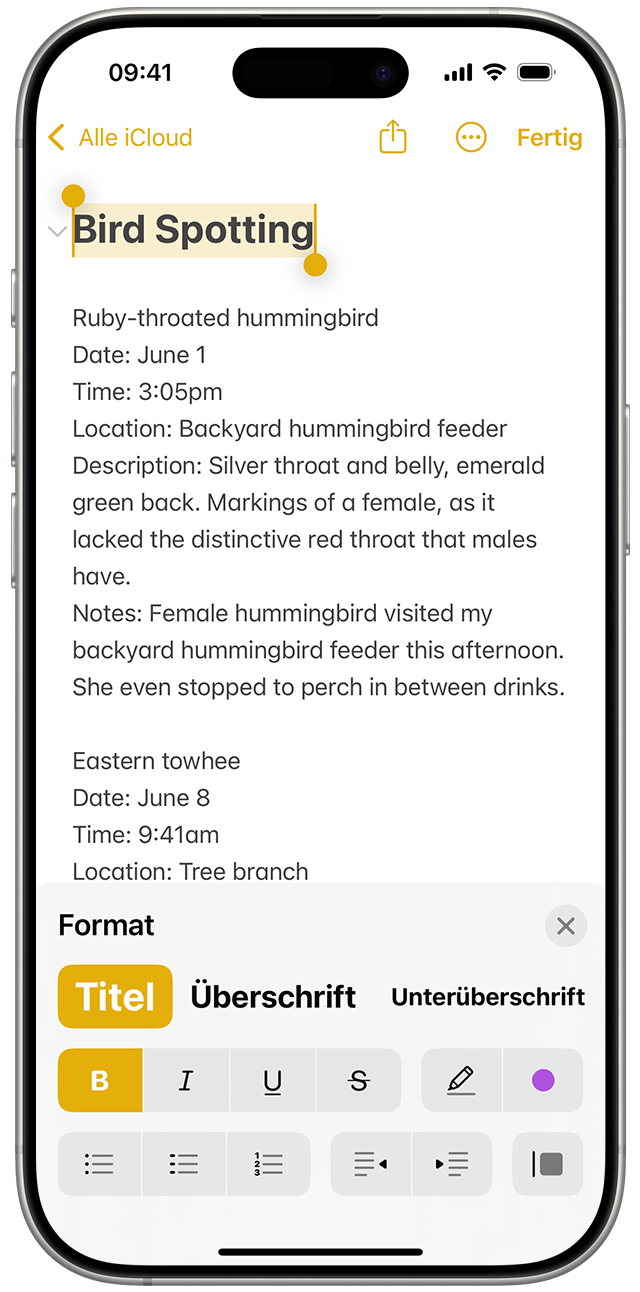 Markiere in der Notizen-App in iOS 18 einen Text, und tippe dann auf die Taste „Formatieren“, um Optionen wie Kursivschrift oder Überschriftenformatvorlage einzublenden.