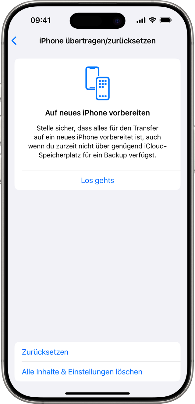 Ein iPhone mit den Optionen zum Zurücksetzen oder Löschen von Inhalten und Einstellungen