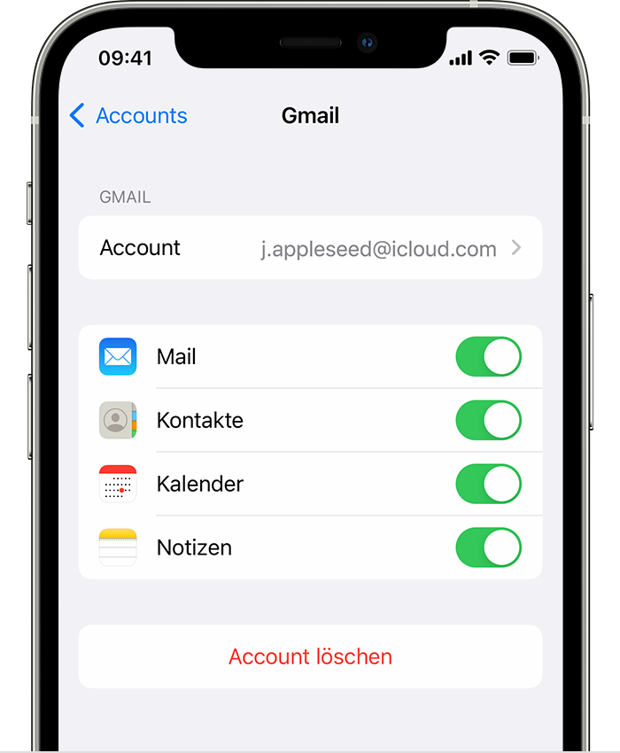 Ein iPhone mit den Einstellungen für einen verbundenen Gmail-Account unter „Einstellungen“ > „Mail“ > „Accounts“ > „Gmail“.