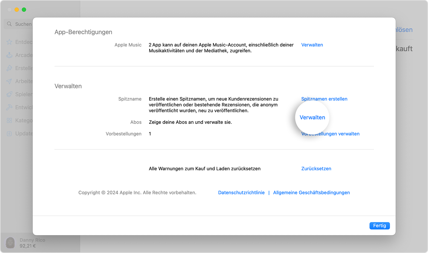 Ein macOS-Bildschirm, der die „Verwalten“-Einstellungen für Abonnements im App Store zeigt. Klicke auf „Verwalten“, um deine Abonnements zu verwalten.