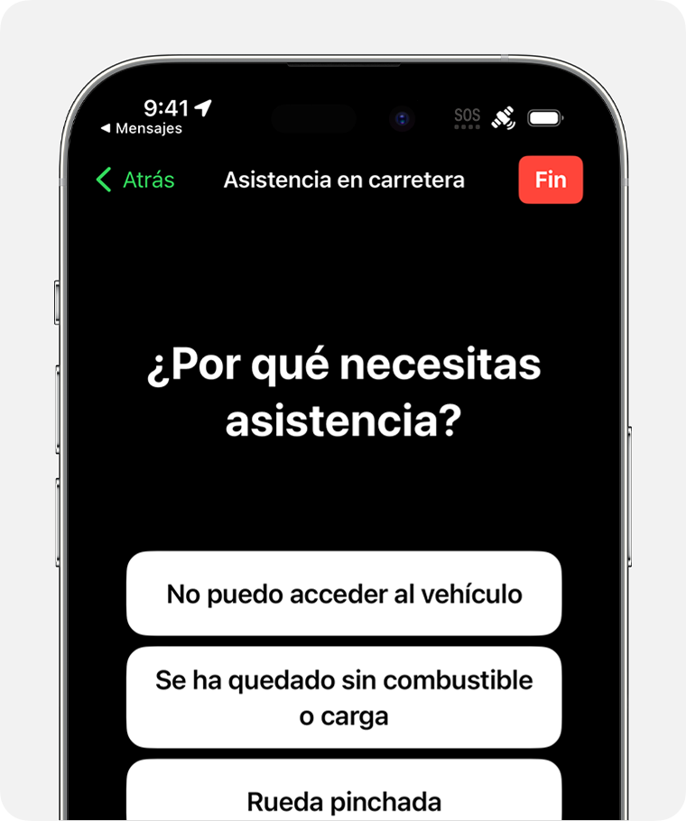 Cuando envíes un mensaje de texto de asistencia en carretera vía satélite, deberás responder a preguntas sobre la naturaleza de tu emergencia.