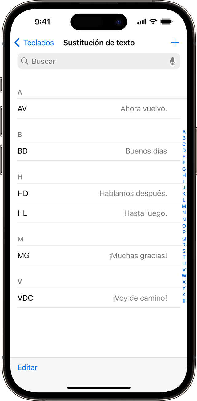 Una lista de funciones rápidas de texto configuradas para usar en el iPhone.