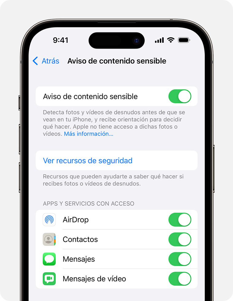 En los ajustes de privacidad y seguridad del iPhone, puedes activar el aviso de contenido sensible y elegir en qué apps te gustaría activar las protecciones.