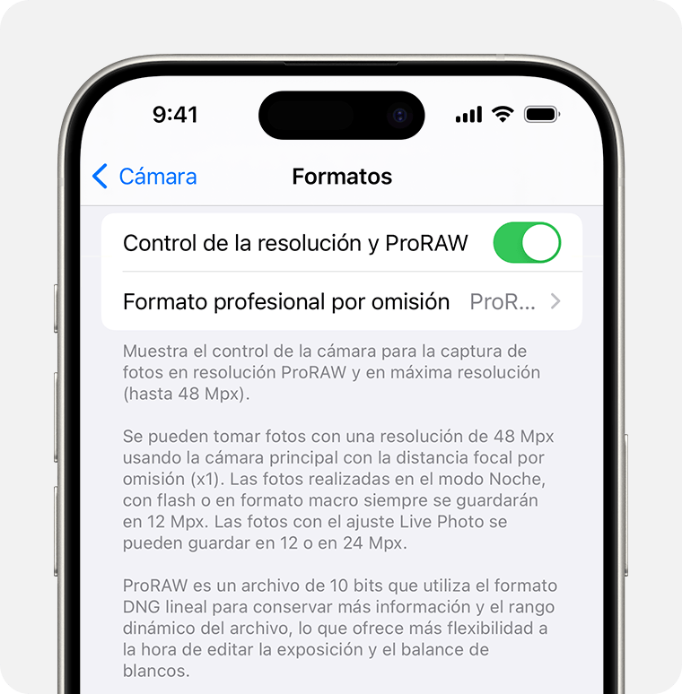 En iOS 17, puedes establecer la resolución de ProRAW en 12 MP o 48 MP.