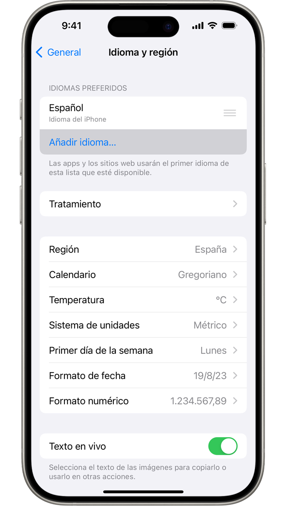 iPhone que muestra el menú Idioma y región, con la opción Añadir idioma resaltada.