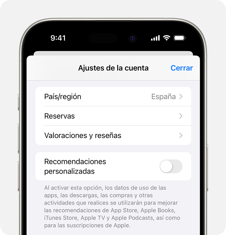 Un iPhone que muestra reservas en Ajustes de cuenta