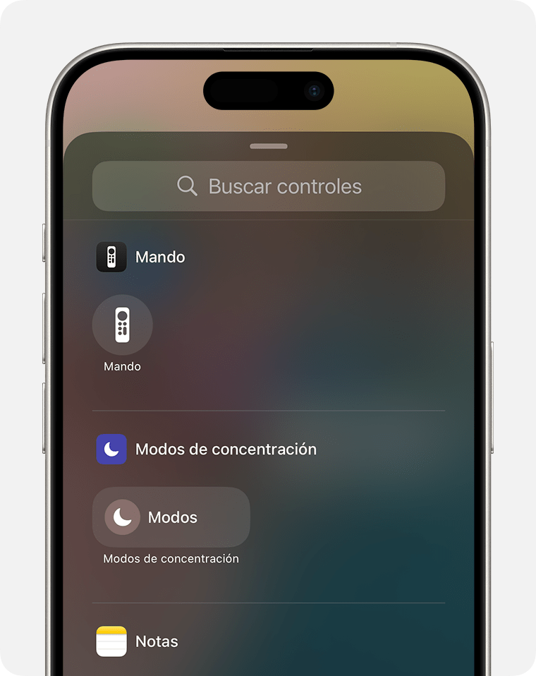 Panel de controles de búsqueda en el centro de control de iOS 18
