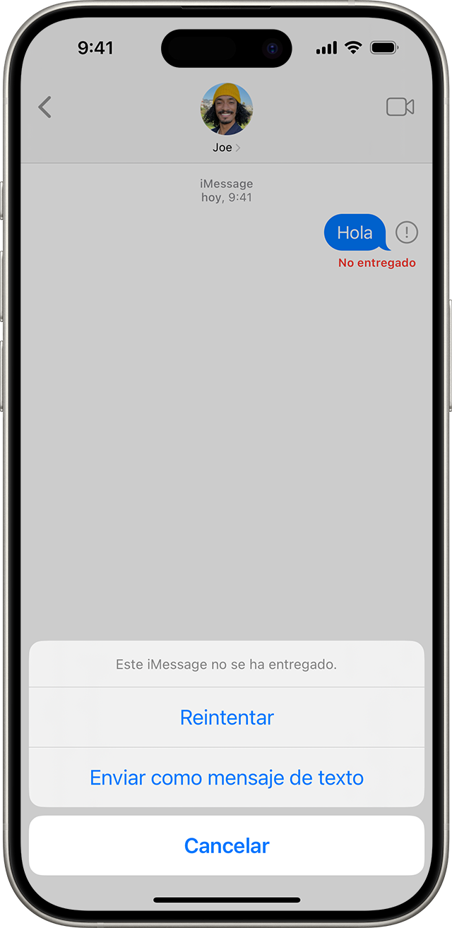 Cuando iMessage no puede entregar un mensaje, aparece un signo de exclamación rojo y tienes la opción de intentarlo de nuevo o de enviarlo como mensaje de texto.