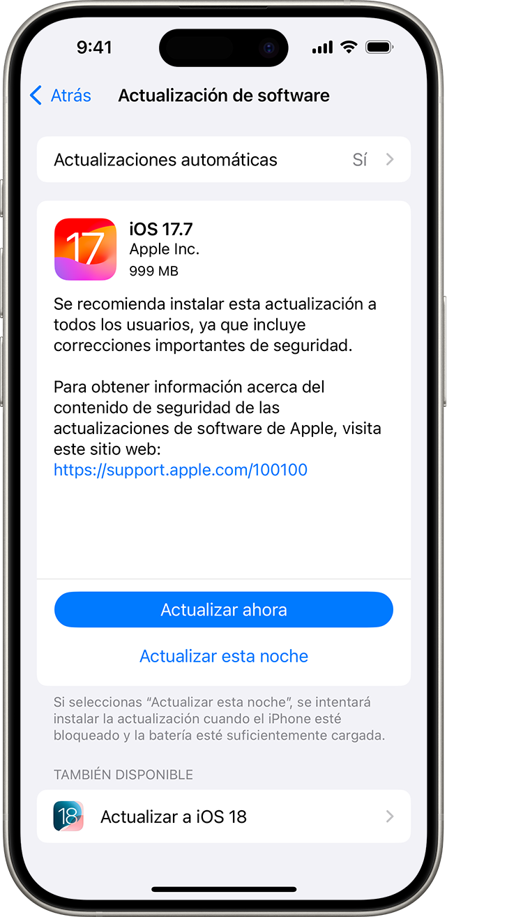 Un iPhone con la pantalla de Actualización de software. La opción Actualizar ahora está seleccionada.