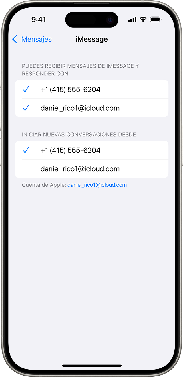 En Ajustes > Apps > Mensajes > Enviar y recibir, puedes elegir si quieres enviar mensajes desde tu número de teléfono o tu dirección de correo electrónico de forma predeterminada.