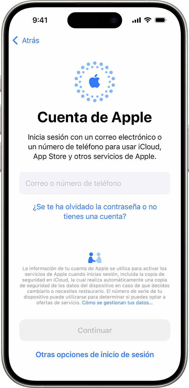 Utiliza tu dirección de correo electrónico o número de teléfono para iniciar sesión con la cuenta de Apple durante el proceso de configuración del iPhone en iOS 18.