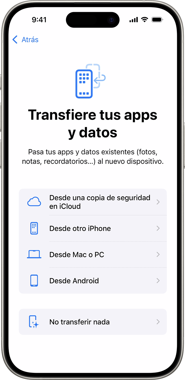 Las opciones de transferir apps y datos al configurar un iPhone en iOS 18.