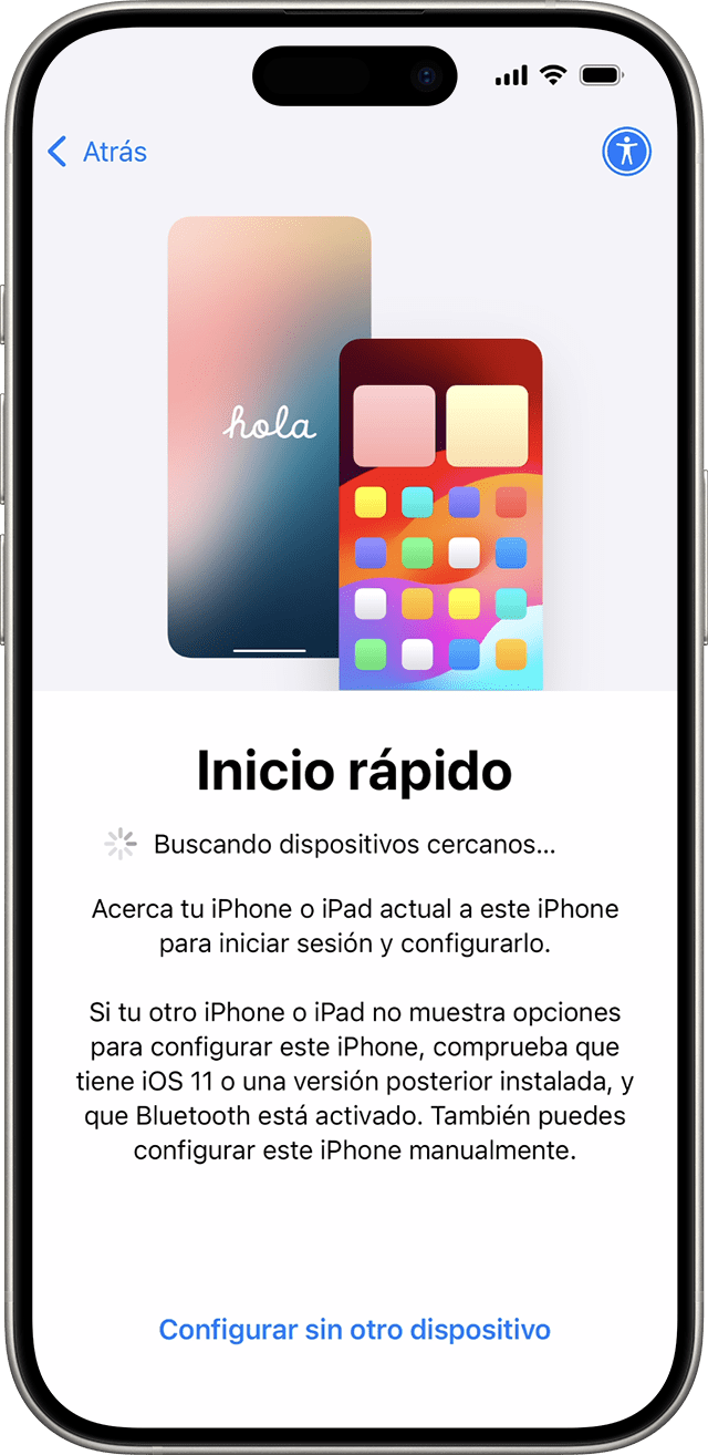 En iOS 18, puedes configurar tu nuevo iPhone con otro dispositivo mediante Inicio rápido.