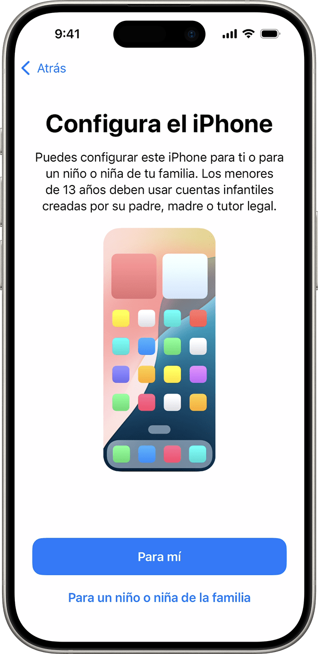 Durante el proceso de configuración del iPhone en iOS 18, puedes elegir si el nuevo teléfono es para ti o para una persona menor de tu familia.