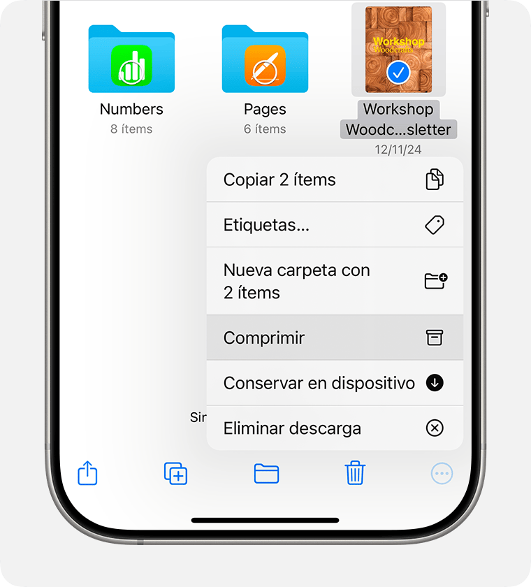 Las opciones adicionales que se muestran son Copiar 2 elementos, Etiquetas, Nueva carpeta con 2 elementos, Comprimir, Conservar en dispositivo y Eliminar descarga.