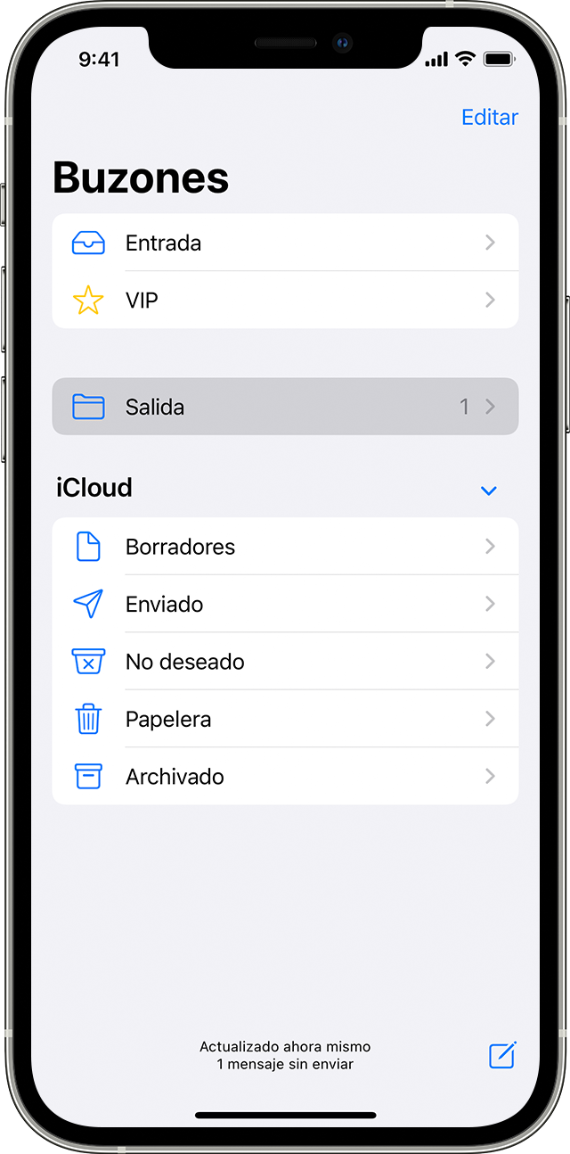 La página Buzones en iOS