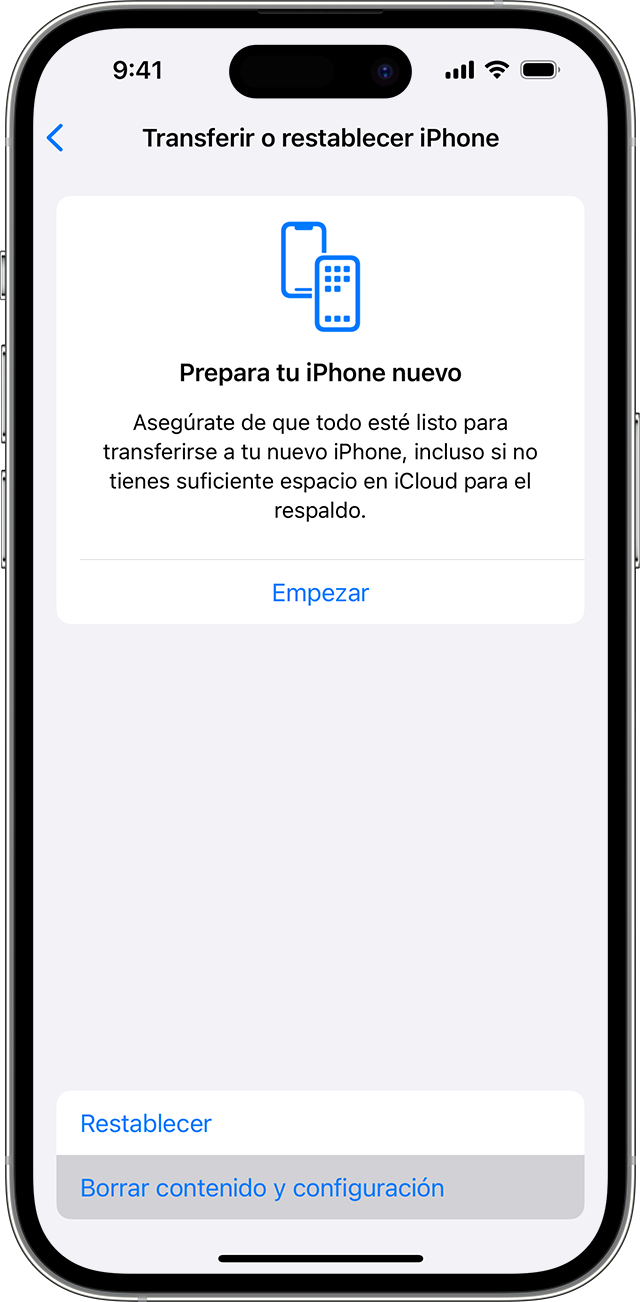 En la configuración de iPhone, usa Borrar todo el contenido y la configuración para eliminar tu información personal.