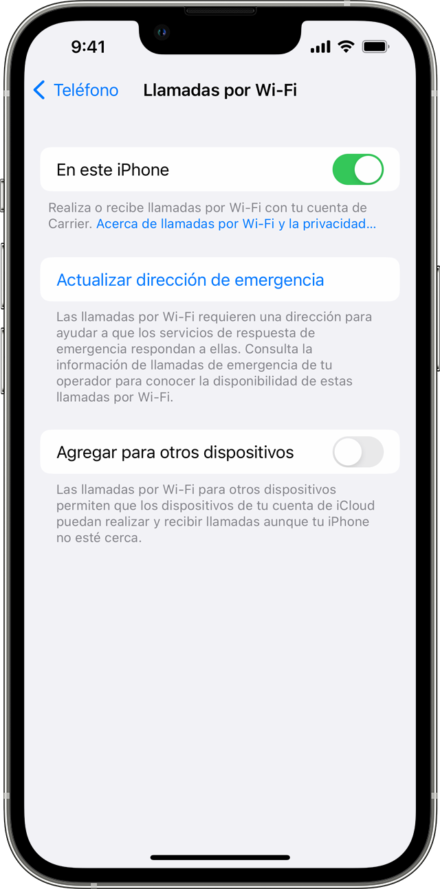 Un iPhone en el que se muestra la pantalla Llamadas por Wi-Fi, con la opción En este iPhone activada.