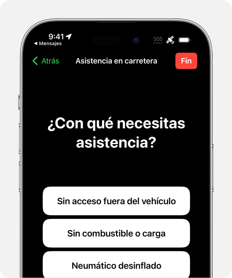 Cuando envíes un mensaje de texto para solicitar asistencia vial por satélite, deberás responder las preguntas sobre la naturaleza de la emergencia.