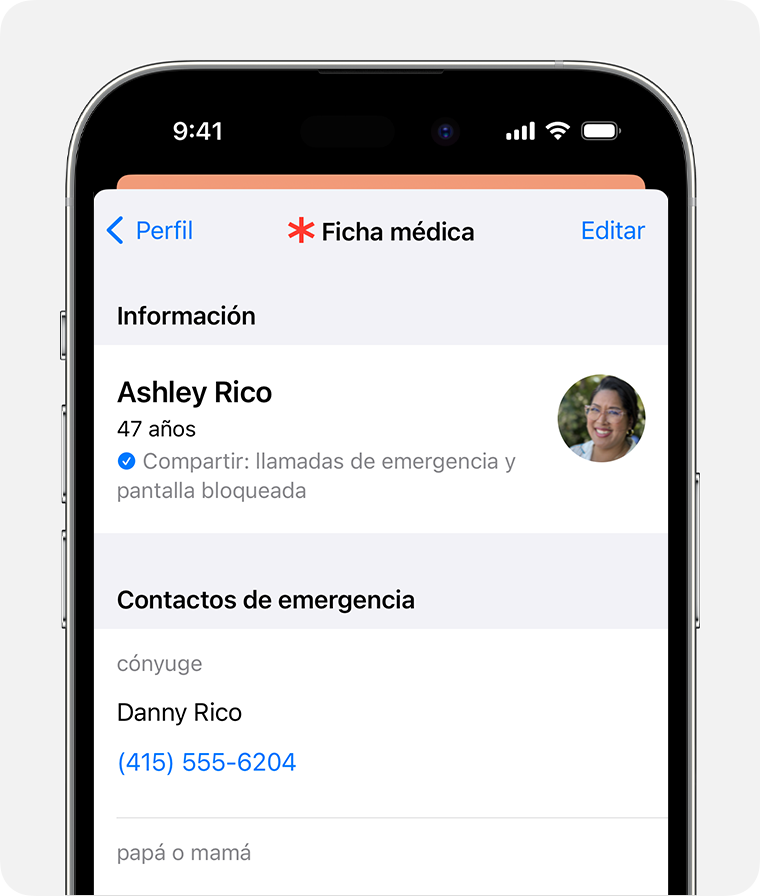 Configura tu ficha médica para compartir información de salud con el personal de emergencias.