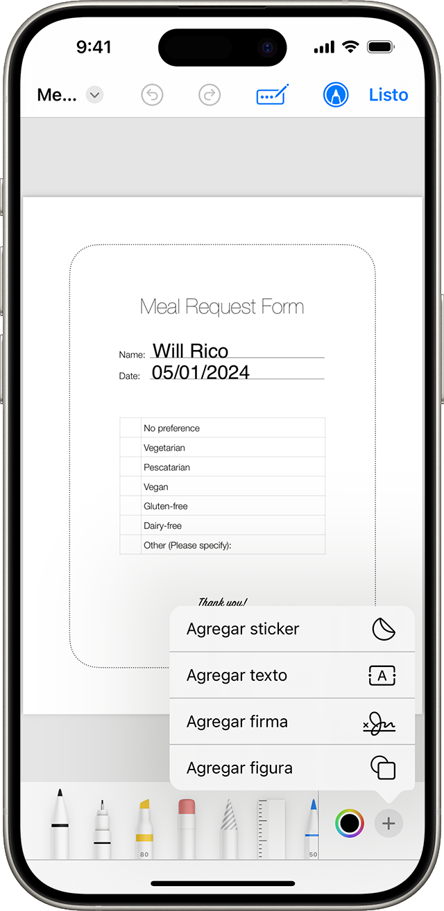 En iOS 17, puedes usar Marcado para agregar texto, formas o incluso una firma a documentos e imágenes.