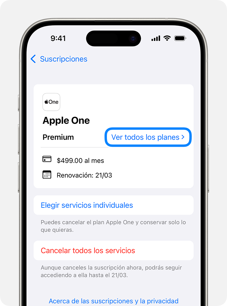 Un iPhone 15 Pro en el que se muestra la pantalla de Suscripciones. Para ver los planes disponibles de una suscripción, toca Ver todos los planes.