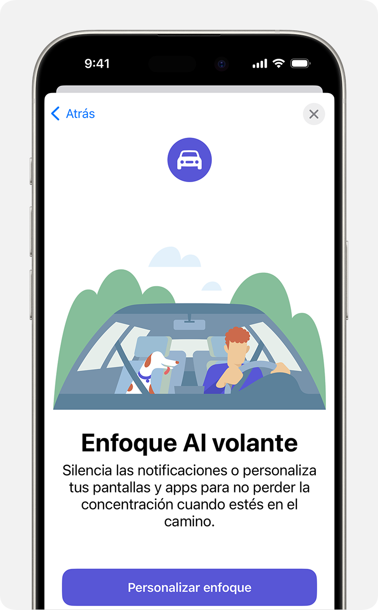 Pantalla de configuración inicial del enfoque Al volante en Configuración > Enfoque