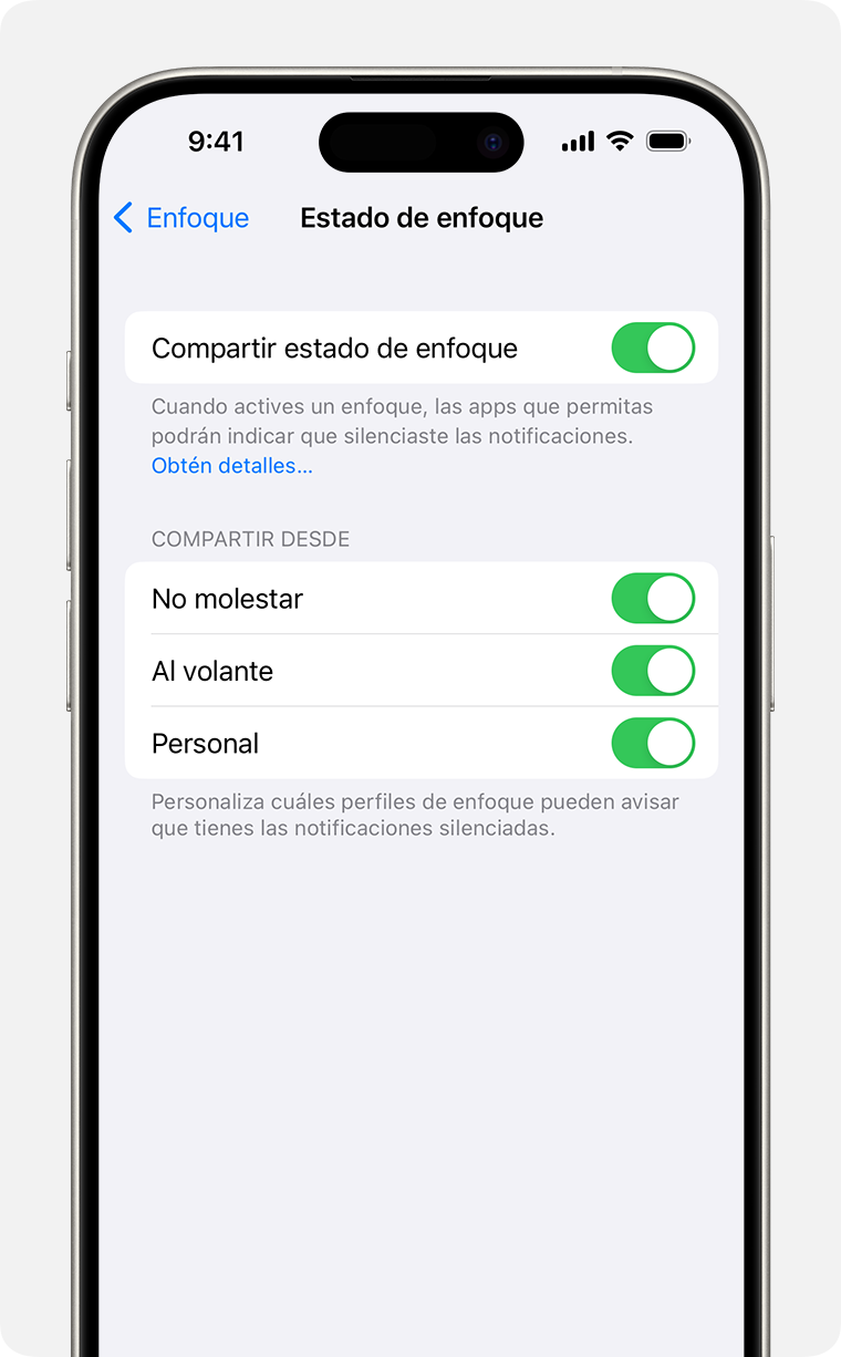 Configuración para compartir el estado de enfoque en Configuración > Enfoque > Estado de enfoque