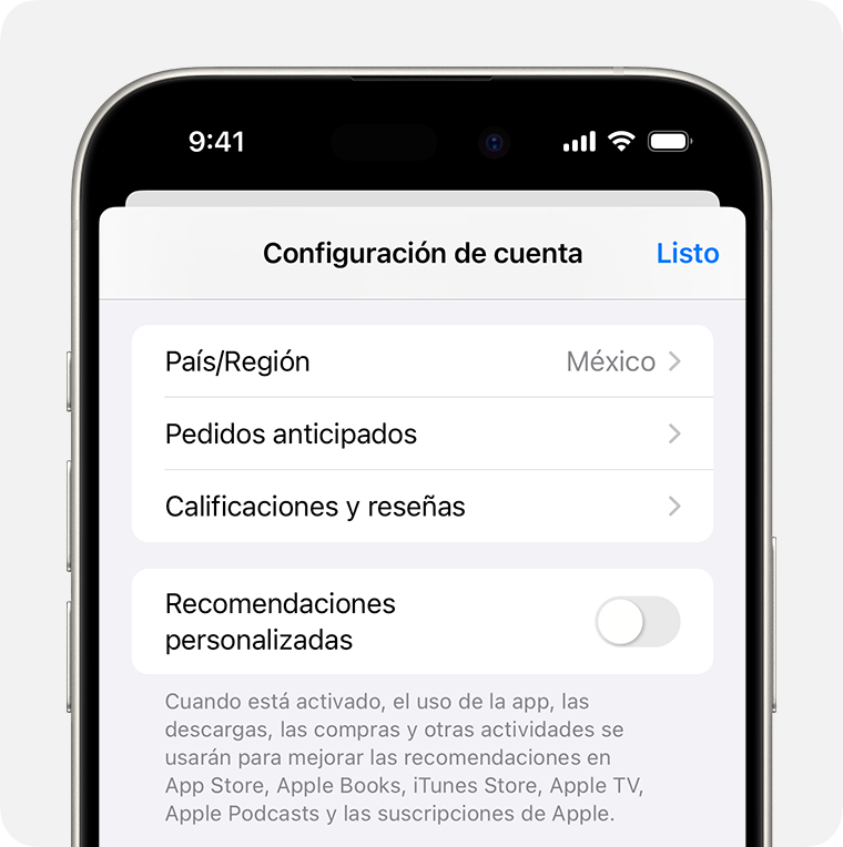 iPhone en el que se muestra la opción Pedidos anticipados en Configuración de la cuenta