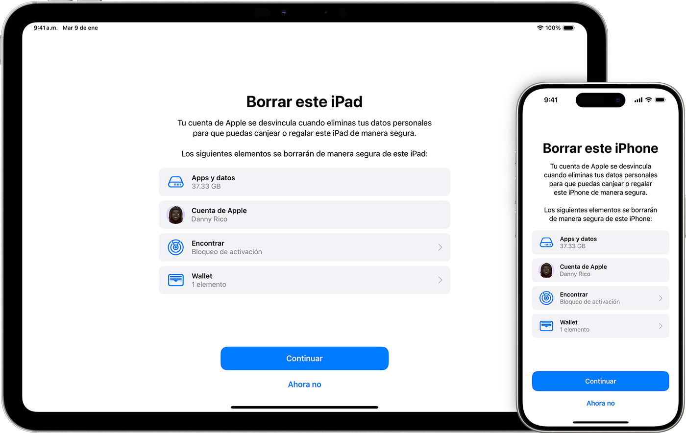 Un iPad y un iPhone en los que se muestran los elementos que se eliminan si borras el dispositivo