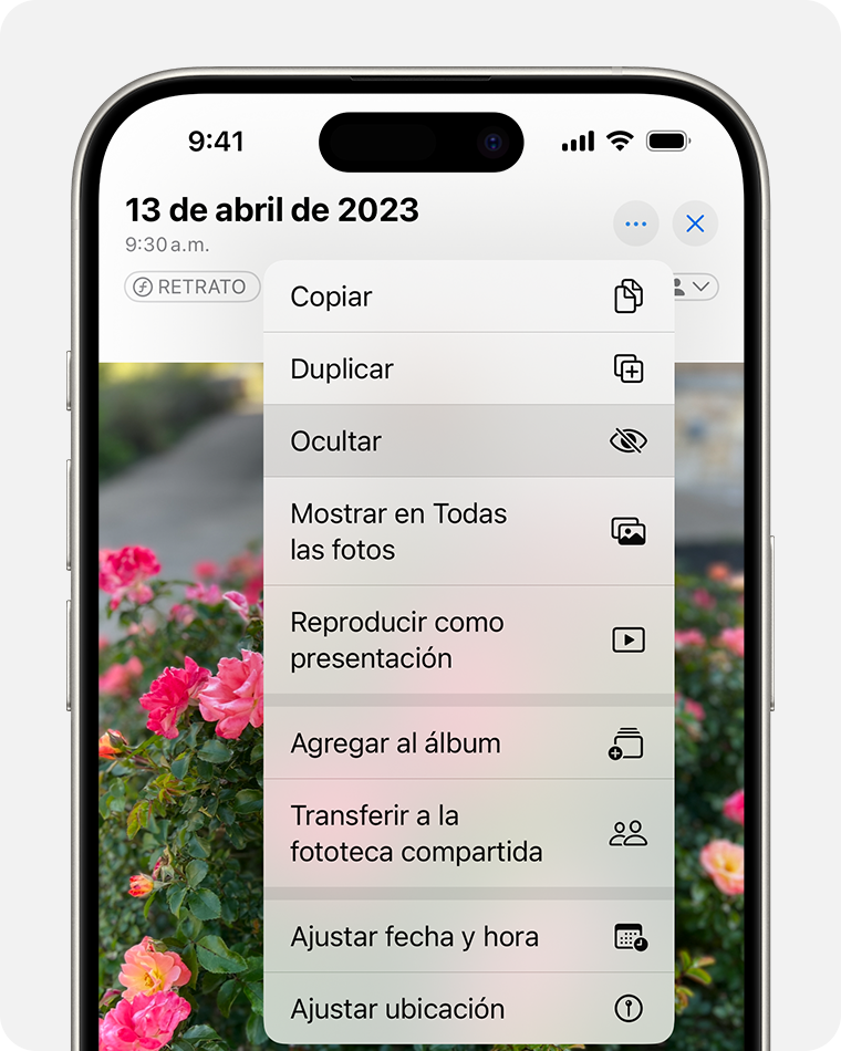 Menú desplegable en el que se resalta la función Ocultar para una foto.