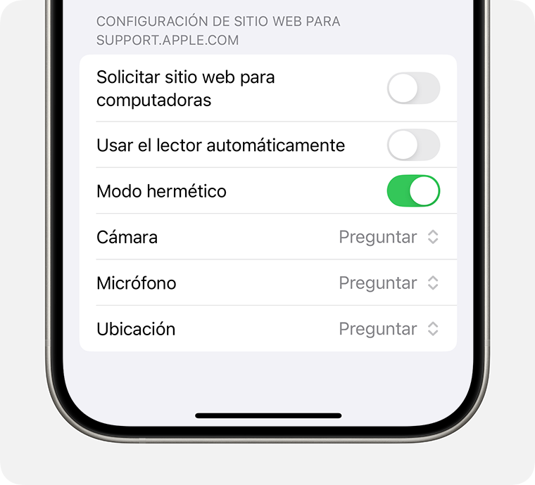 Para excluir un sitio web de las protecciones del modo de bloqueo, desactiva el modo de bloqueo en Configuración de página en Safari.