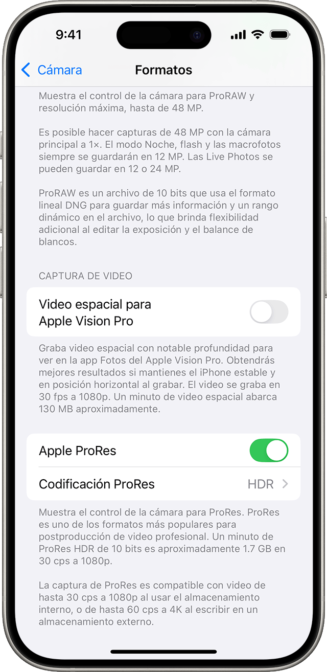 iPhone en el que se muestra la configuración de los formatos de cámara