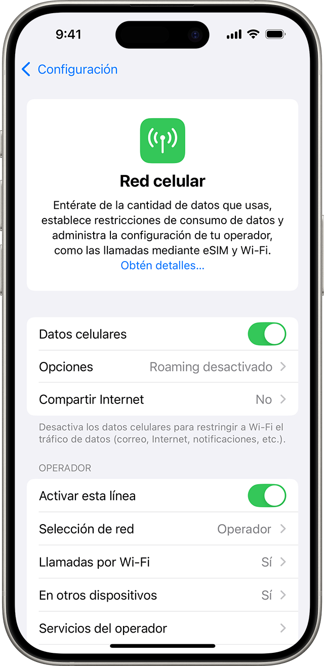 Menú de configuración de iOS 18 en el que se muestran las opciones de datos celulares