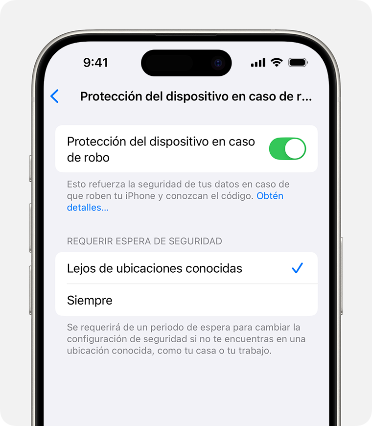 En la configuración de Face ID y código en el iPhone, puedes activar o desactivar Protección del dispositivo en caso de robo y elegir cuándo solicitar las medidas de seguridad adicionales.