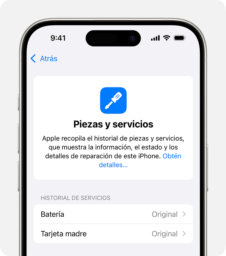 La pantalla Historial de piezas y servicios, en la que se muestran los reemplazos de la batería y el conjunto de la tarjeta lógica.