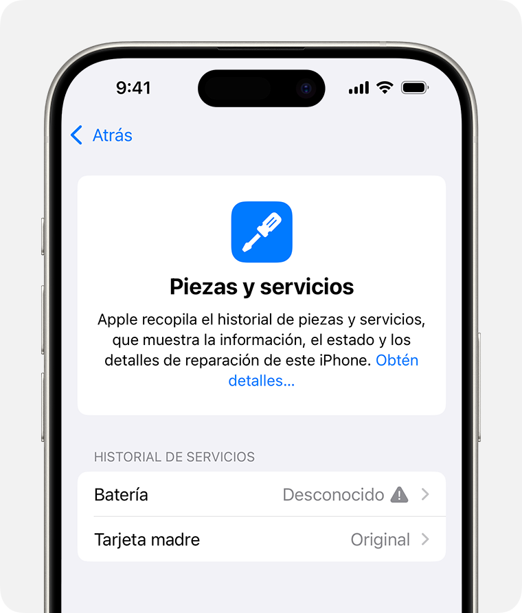 La pantalla Historial de piezas y servicios muestra una pieza desconocida.