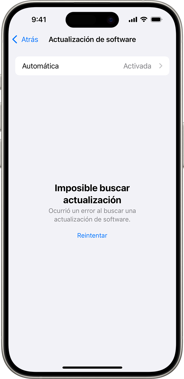 Un iPhone en el que se muestra el mensaje Imposible buscar una actualización.