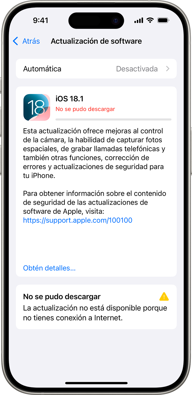 Un iPhone en el que se muestra el mensaje No se puede descargar