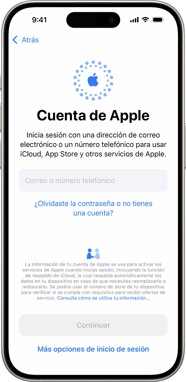 Usa tu dirección de correo electrónico o número de teléfono para iniciar sesión con tu cuenta de Apple durante el proceso de configuración del iPhone con iOS 18.