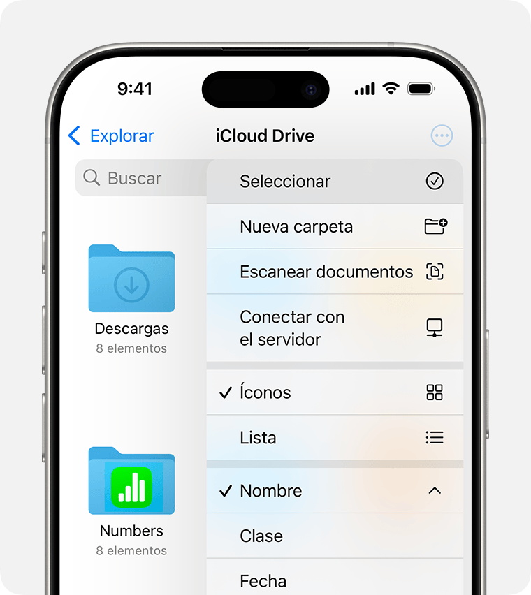 Las opciones de iCloud Drive que se muestran son Seleccionar, Nueva carpeta, Escanear documentos, Conectarse al servidor, Íconos, Lista, Nombre, Tipo y Fecha.