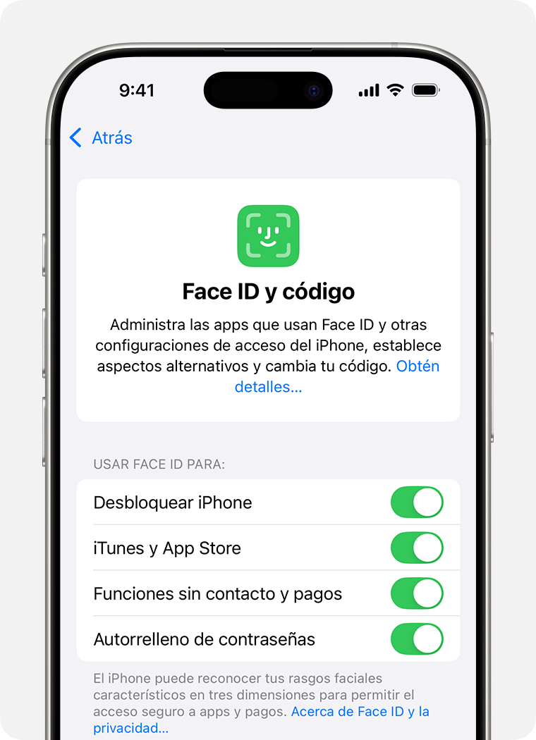 La página de configuración de iOS para Face ID y código.