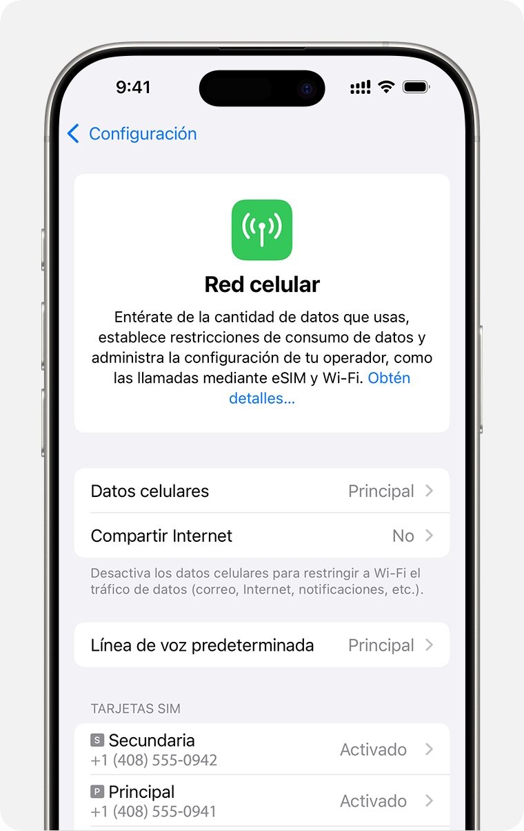 Pantalla de iPhone para administrar la configuración de datos celulares para cada uno de tus planes