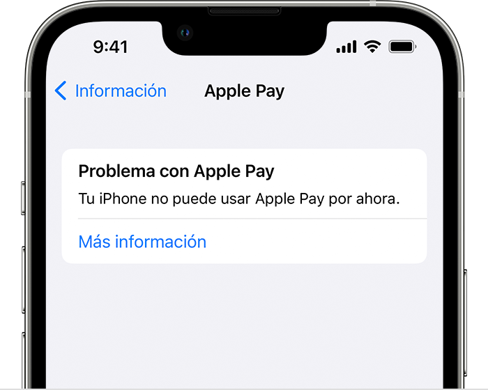 Mensaje de error relativo a Apple Pay en un iPhone en el que se informa al usuario que el iPhone no puede usar Apple Pay.