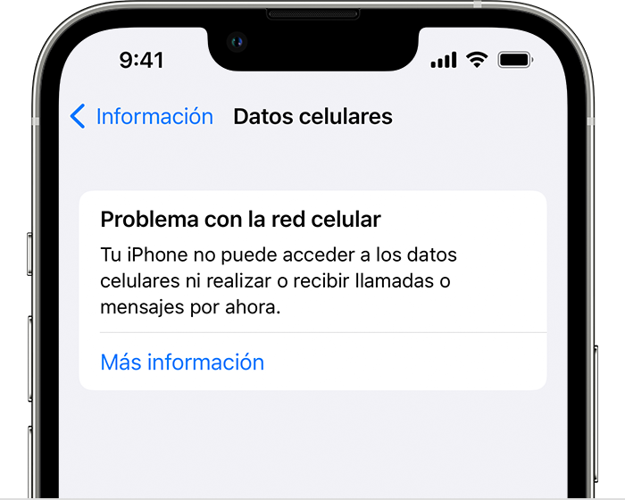 Mensaje de error relativo a la red celular en un iPhone en el que se informa al usuario que el iPhone no puede acceder a los datos celulares, ni realizar ni recibir llamadas ni mensajes.