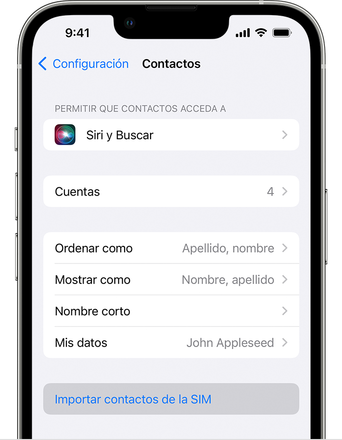 Imagen en la que se muestra la configuración de Contactos